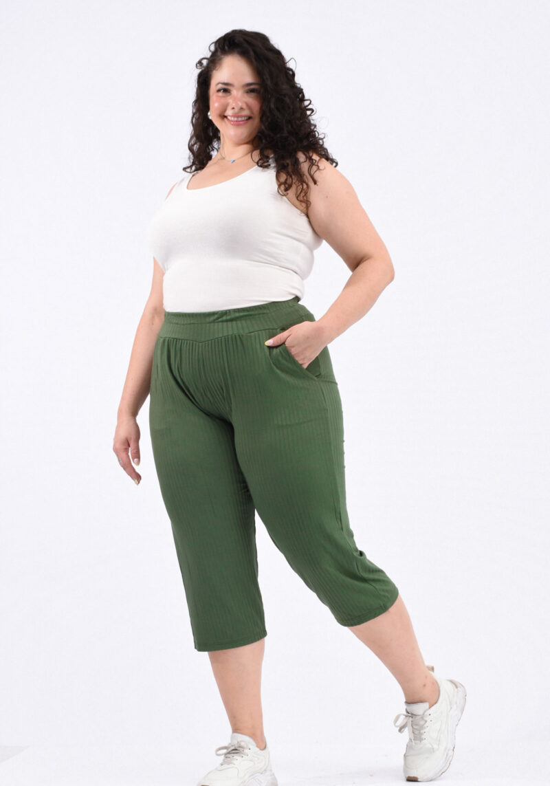 Capri de morley viscosa tiro alto con cintura elastizada y bolsillo, mujer, color verde