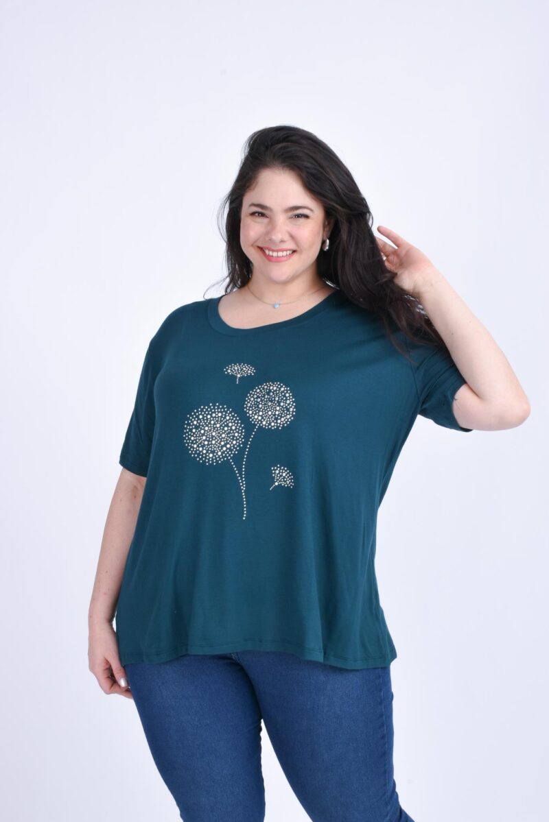 Remera modal viscosa premium con brillo, escote redondo, mujer, corte evasé, colores surtidos