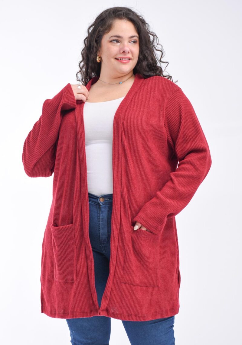 Saco largo de morley brush sin botones con bolsillos, en talles grandes