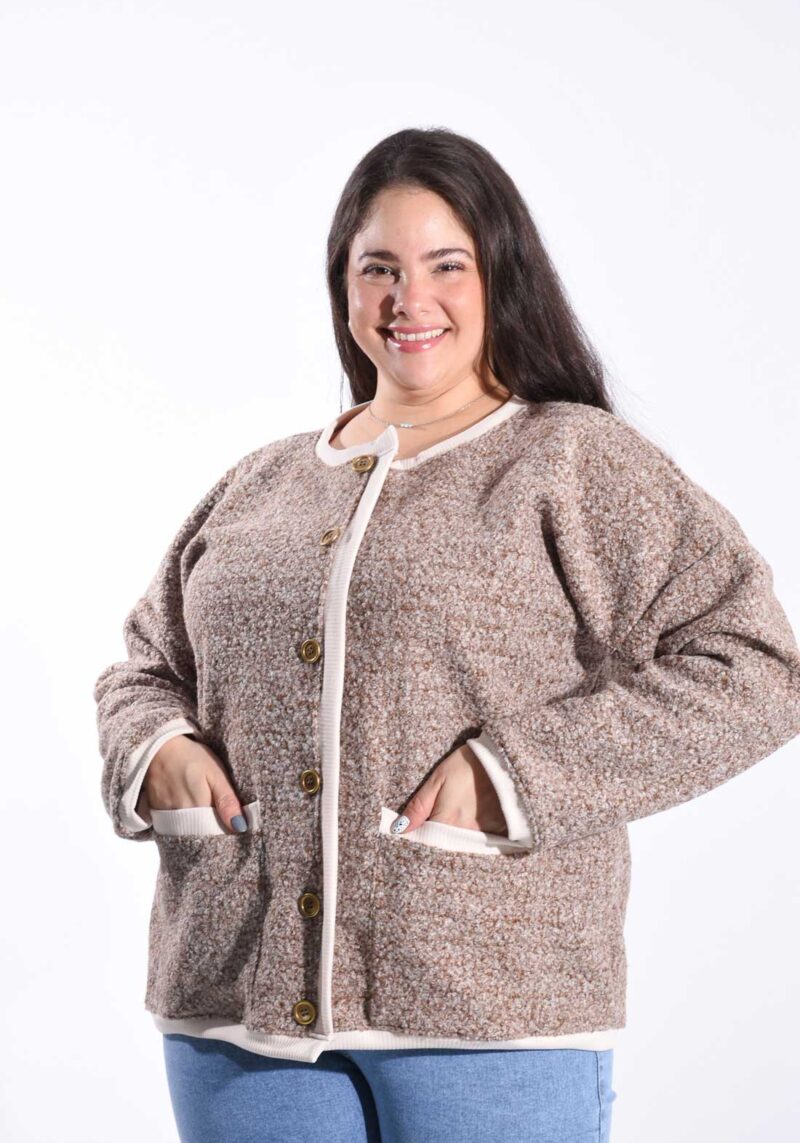 Saco bucle combinado para mujer con botones y bolsillos, talles especiales