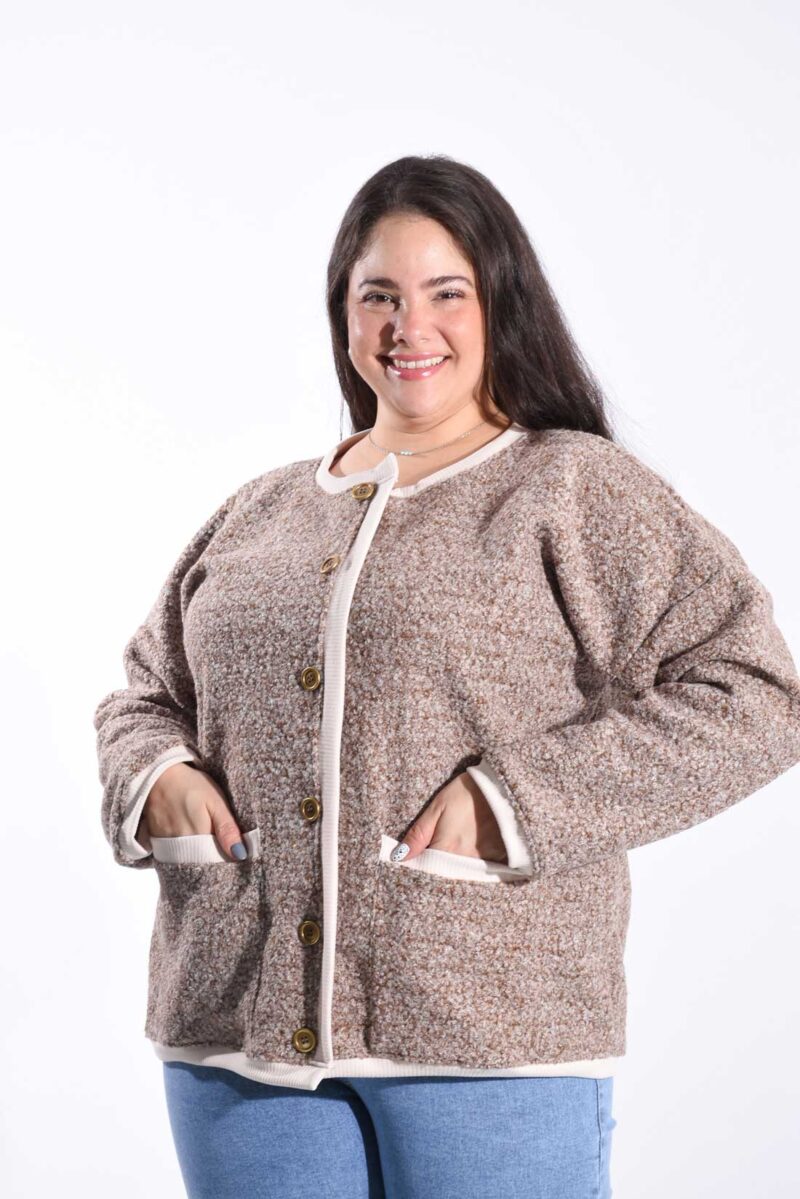 Saco bucle combinado para mujer con botones y bolsillos, talles especiales