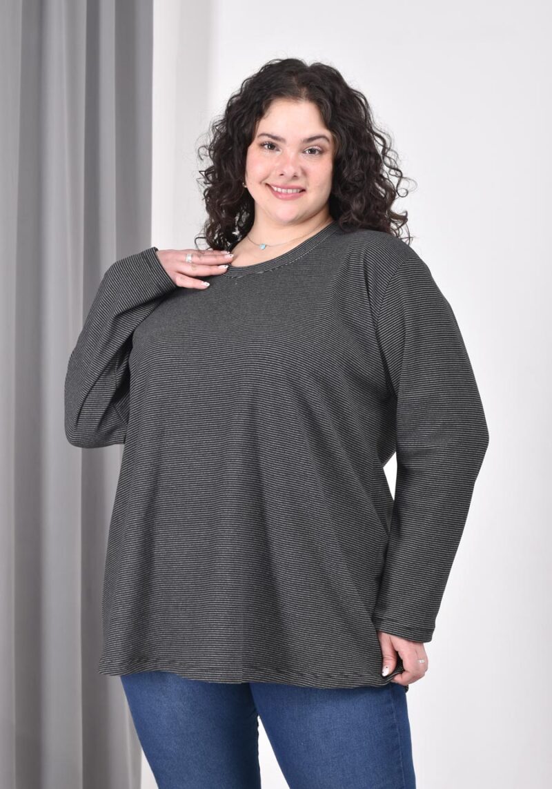 Pulóver Darlon rayado para mujer, escote redondo y corte evasé, color negro